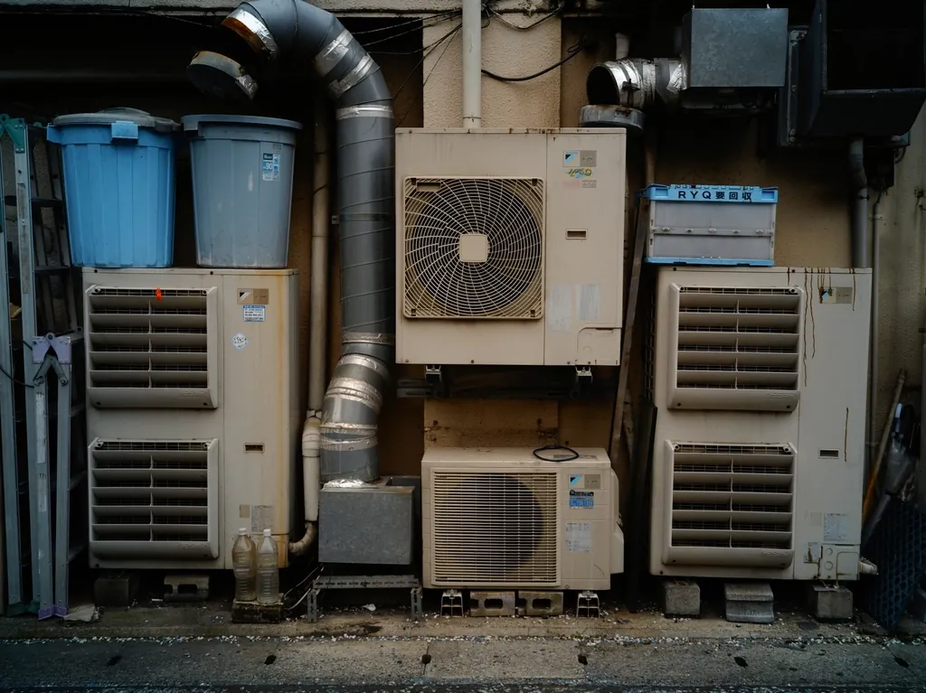 Outdoor air conditioning condensers and ducting stacked against a service wall